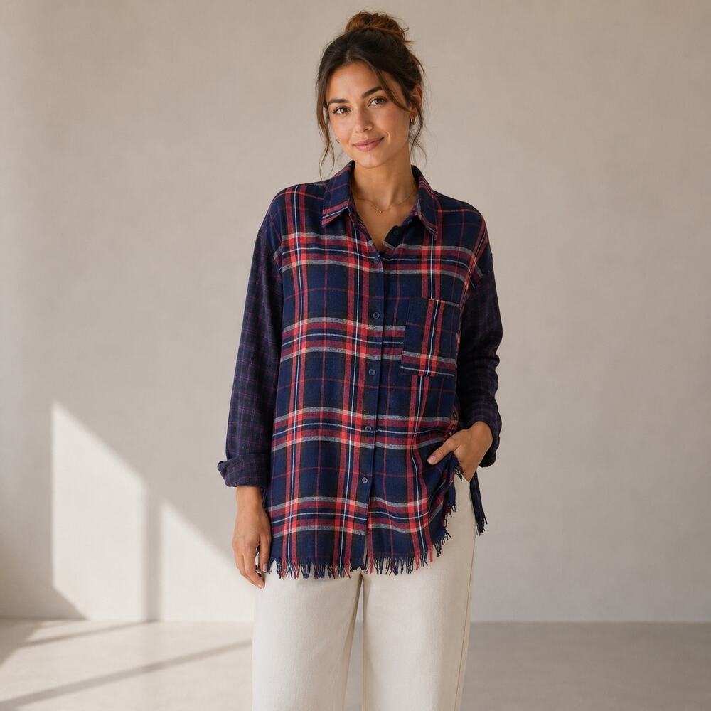 Umgee Blue & Red Plaid Button Down Fringe Hem Shirt Small